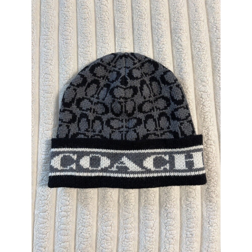 Coach Signature C Knit Beanie Hat Wool blend Gray Black logo allover winter fall